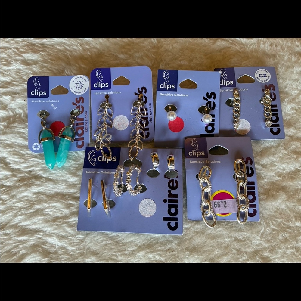 Assorted Earrings Silver, CLIP ON - dangly, glow in the dark, and hoops